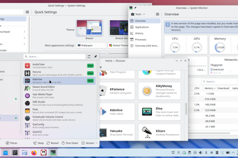 Screenshot der Benutzeroberfläche von KDE Plasma 6.4 mit zahlreichen geöffneten Fenstern.