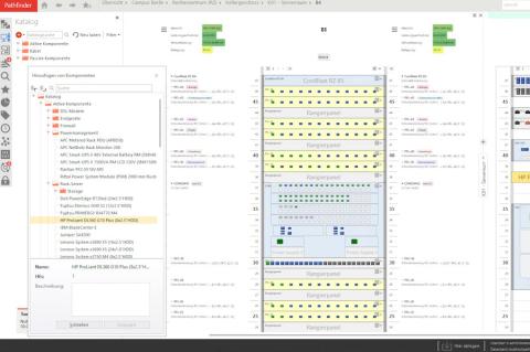 Screenshot von tripunkt Pathfinder: Der Schrankeditor platziert grafisch Komponenten aus dem umfangreichen Katalog in Serverracks und dokumentiert ihre Verbindungen untereinander.