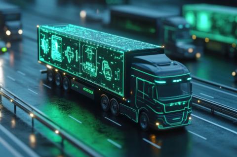 uturistischer Lkw auf einer nächtlichen Autobahn, dessen Auflieger als leuchtende digitale Visualisierung mit Symbolen für Daten und Systeme dargestellt ist. (Quelle: sittipolphoto – 123RF)