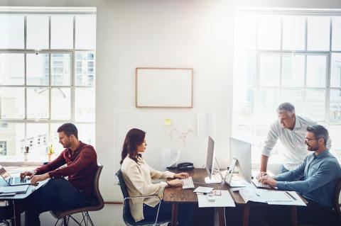 Mitarbeitende arbeiten im Büro an Laptops und PCs – Symbolbild zur Produktmeldung über neue DEX-Funktionen in ManageEngine Endpoint Central. (Quelle: peopleimages12 – 123RF)