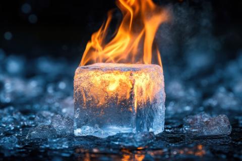 Darstellung eines brennenden Eiswürfels aus orangefarbenen und blauen Flammen als Metapher für Hot- und Cold-Storage. (Quelle: halaluya – 123RF)