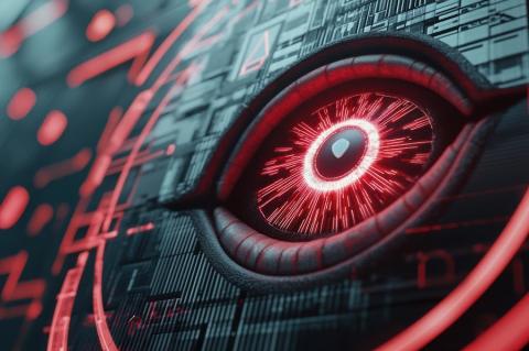 Eine KI-gestützte Observability-Plattform Ein futuristisches Auge mit leuchtend roter Iris und schwarzem Hintergrund als Symbolbild für Observability und KI. (Quelle: starush – 123RF)