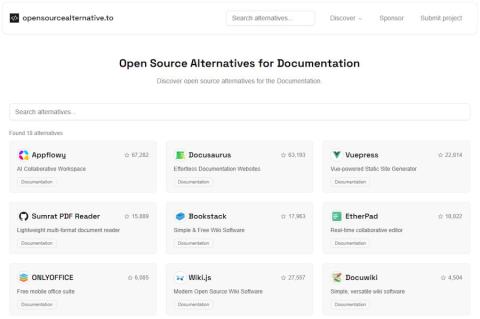 Screenshot der Website OpenSourceAlternative.to mit einer Übersicht von Open-Source-Alternativen für Dokumentationssoftware.