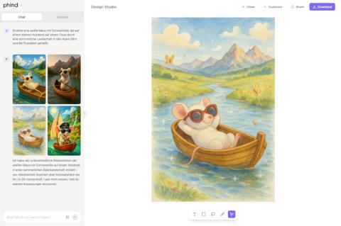 Webinterface von Phind Designer, das das Bild einer Maus mit Sonnenbrille in einem Holzboot auf einem Fluss zeigt.