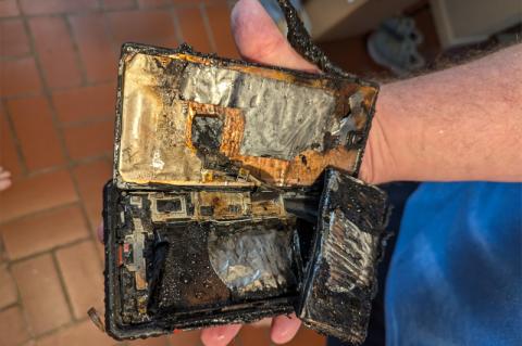 Ein verbranntes Smartphone liegt in der Hand.