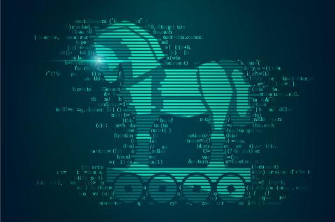 Symbolisches Bild eines trojanisches Pferds, mit hinterlegtem Programmcode. Symbol dafür, in der PowerShell bei fremden Skripten auf Sicherheit zu achten.