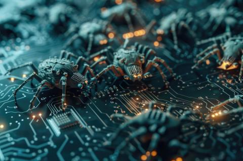 Illustration von elektronischen, käferähnlichen Maschinenidentitäten auf einer Platine als Symbol für Cybersicherheitsrisiken durch automatisierte Zugänge und malwarefreie Angriffe. (Quelle: vadimprokopych – 123RF)
