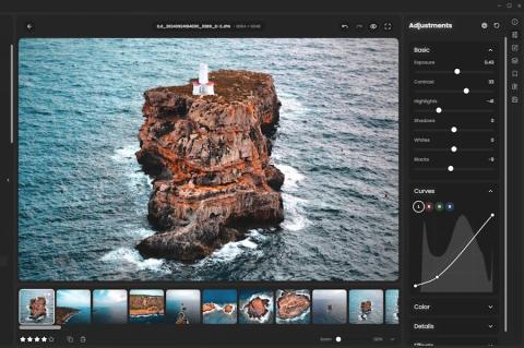 Screenshot der Open-Source-Software RapidRAW: Bearbeitung eines RAW-Fotos mit Reglern für Belichtung, Kontrast, Schatten und Highlights sowie einer Kurvenanpassung. Unten ist eine Galerie weiterer Bilder sichtbar.