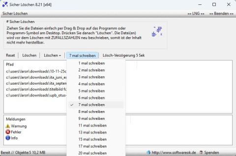 Programmoberfläche von "Sicher Löschen" unter Windows 11 mit Auswahlmenü für mehrfaches Überschreiben gelöschter Dateien.