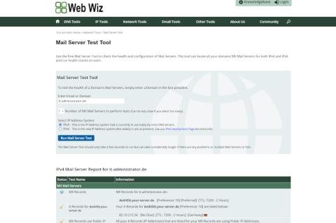 Mit dem Onlinedienst "Web Wiz" überprüfen Sie die Konfiguration Ihres Mailservers.