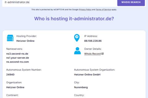 Screenshot mit Hosting-Details zur Domain it-administrator.de wie Hosting-Anbieter, Ort und Nameserver.