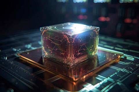 Symbolbild: Ein leuchtender Würfel auf einer Platine steht für die Integration von Quantencomputern in Supercomputersysteme.