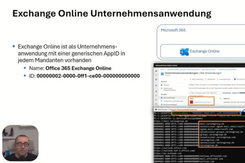Screenshot aus dem Tech-Talk-Video zu Exchange Hybrid mit einem geöffneten Kommandozeilenfenster und dem Entra ID Admin Center.