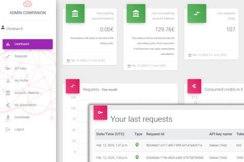 Das webbasierte Dashboard informiert über das verbleibende Guthaben und die Kosten einer jeden Anfrage. 