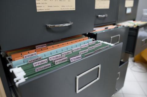 Eine geöffnete Schublade in einem Aktenschrank, in der sich zahlreiche Aktenmappen befinden.