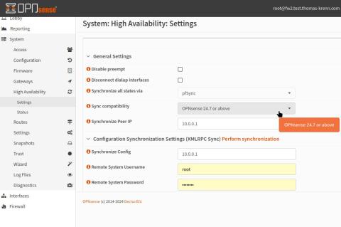 Bei der aktuellen OPNsense-Version müssen Sie beim Cluster-Betrieb die Synchronisation an das entsprechende Release anpassen.