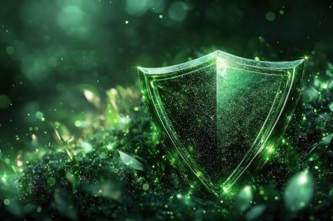 Gläsernes, mintgrün leuchtendes Schutzschild als symbolische Darstellung einer sicheren Firewall in Linux Mint. (Quelle: pkake2000 – 123RF)