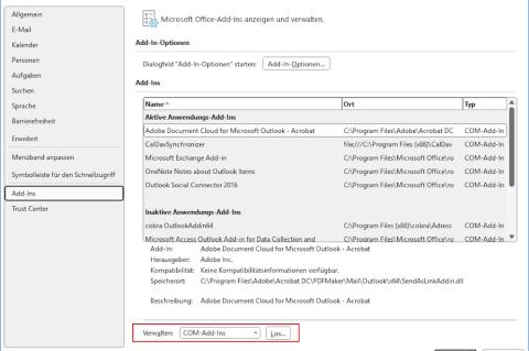 Bei denn Add-in-Optionen in Outlook müssen Sie auf den "Los..."-Button am unteren Rand klicken, um Erweiterungen auch wirklich bearbeiten zu können.