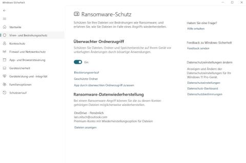 Screenshot der Windows-Sicherheitseinstellungen: Im Bereich Viren- und Bedrohungsschutz ist der überwachte Ordnerzugriff aktiviert, um Dateien, Ordner und Speicherbereiche vor unautorisierten Änderungen durch Ransomware zu schützen.