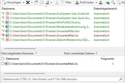 WinContig erstellt auf Wunsch zur Orientierung eine Liste der fragmentierten Dateien.  