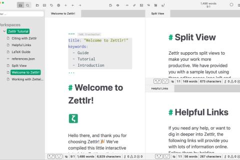 Zettlr im Einsatz: Die Benutzeroberfläche mit Split-View-Funktion ermöglicht das gleichzeitige Arbeiten an mehreren Dokumenten.