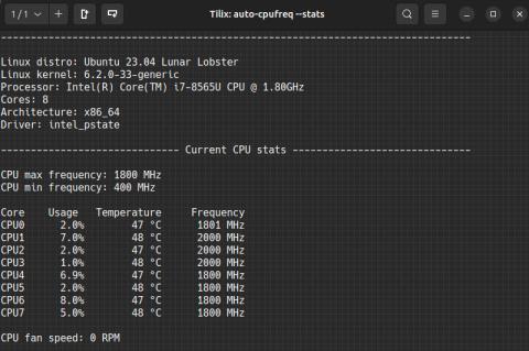 Screenshot von auto-cpufreq unter Linux: Anzeige der aktuellen CPU-Statistiken mit Frequenzen, Auslastung, Temperaturen und Energieparametern.
