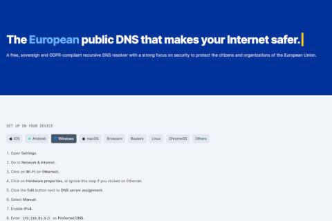 Screenshot der dns0.eu-Website mit Anweisungen darauf, wie man den Dienst konfiguriert.