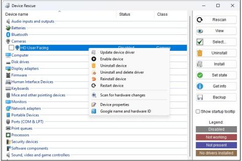 Screenshot der Software DeviceRescue mit einer Liste an vorhandenen Hardware-Komponenten.