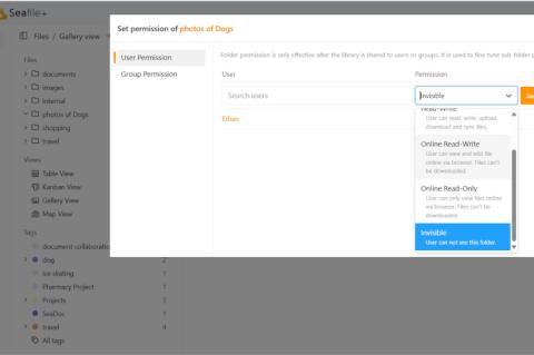 Screenshot der Software Seafile mit einem Dialog zur Rechtevergabe für bestimmte Nutzer.