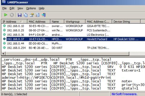 Screenshot der Software LANIPScanner mit einer Liste an gefundenen Geräten samt IP-Adressen.