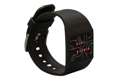 Eine schwarze Armbanduhr mit einer binären Zeitanzeige in Form roter Punkte auf dem Display.
