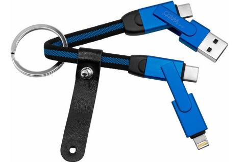 Ein schwarzes Kabel mit blauen USB-Anschlüssen ist an einem Ring befestigt.