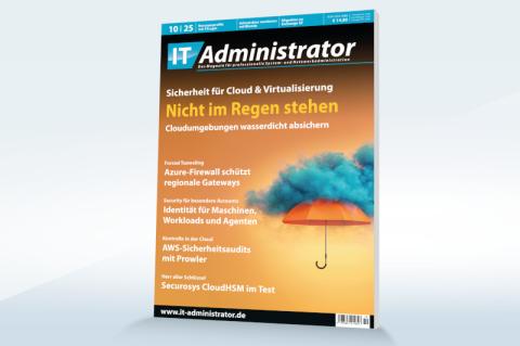 Titelbild des IT-Administrator 10/2025 mit einem orangefarbenen Regenschirm unter einer blauen Wolke.