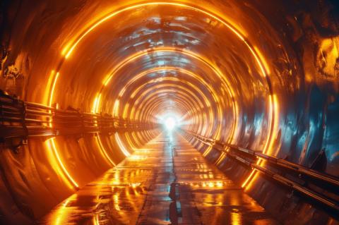 Gelb beleuchteter Tunnel mit Kabeln an den Wänden rechts und links.