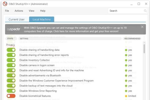 Screenshot der Software O&O ShutUp mit einer Reihe von Schiebereglern, mit denen sich datenschutzrelevante Funktionen in Windows abstellen lassen.