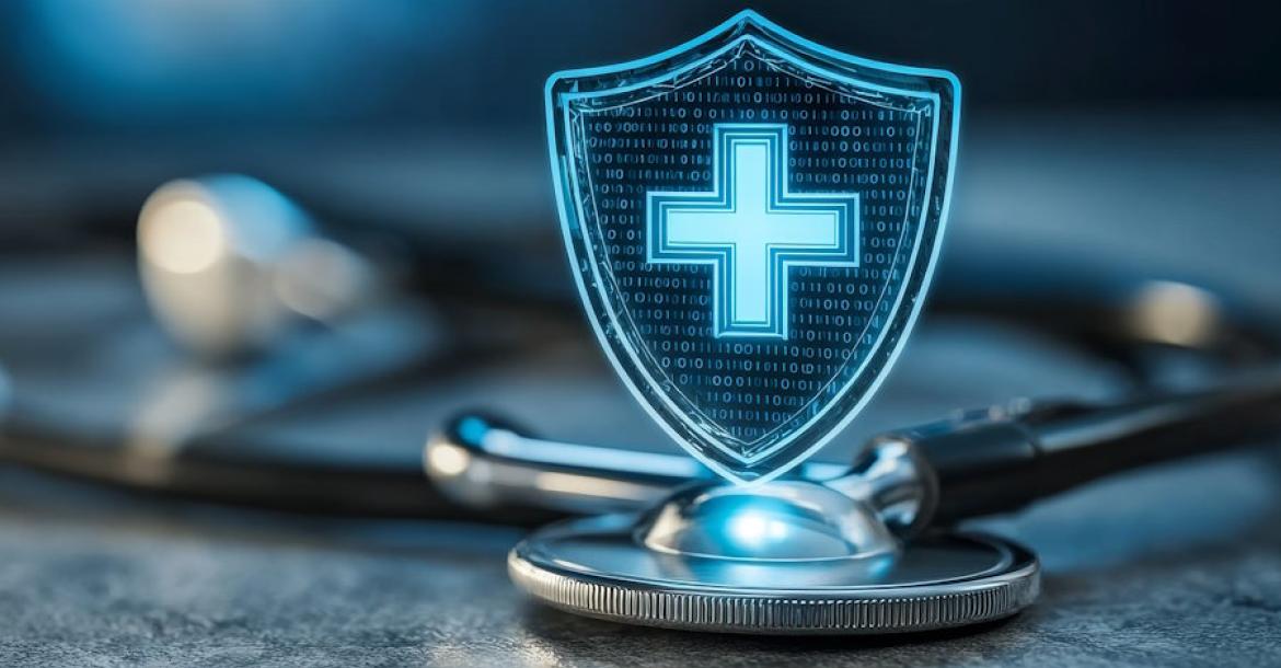 Symbolische Darstellung von IT-Sicherheit im Gesundheitswesen: Digitales Schutzschild mit medizinischem Kreuz über einem Stethoskop – steht für Datenschutz, Backup und Archivierung im Krankenhaus. (Quelle: videst – 123RF)