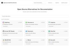 Screenshot der Website OpenSourceAlternative.to mit einer Übersicht von Open-Source-Alternativen für Dokumentationssoftware.