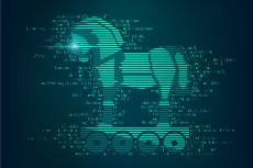 Symbolisches Bild eines trojanisches Pferds, mit hinterlegtem Programmcode. Symbol dafür, in der PowerShell bei fremden Skripten auf Sicherheit zu achten.
